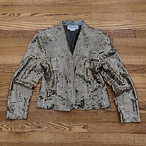 80s Gold Metallic Sequin V-Neck Open Blazer Blouse Top